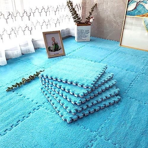 12pcs Tiled Puzzle Play Mats Interlocking Shaggy Soft EVA Foam Mats Protective Floor for Children Kids Room Home Parlor Bedroom Blue Anti-Fatigue - color: Blue