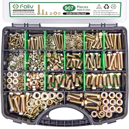 FOLIV 907pcs Grade 8.8 Metric Bolt Assortment, M4 M5 M6 M8 Heavy Duty Bolts and Nuts Kit, Yellow Zinc Plated, Length from 12-30mm - style: 907pcs M4 M5 M6 M8