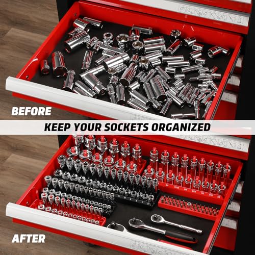 8-Piece Socket Organizer Trays, SAE and Metric Socket Tray Set, 1/4", 3/8", and 1/2" Drive Deep and Standard Socket Holders Organizers for Toolbox, Black & Red - size: 8PCS METRIC&SAE