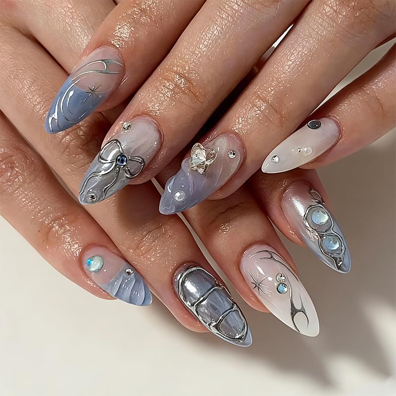 3D Press on Nails Almond - Medium French Tip Fake Nails with Embossed Bow&Blue Bead Designs, Glossy Finish Reusable False Nails for Women Manicure(3D Embossed design 15) - color: 3D Embossed design 15