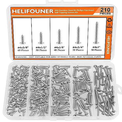 #4 x 3/8" 1/2" 5/8" 3/4" 1" Wood Screws Set, HELIFOUNER 210 Pieces Phillips Pan Head Self-Tapping Screws Assortment Kit, Phillips Pan Head Wood Screws, 304 Stainless Steel - size: #4