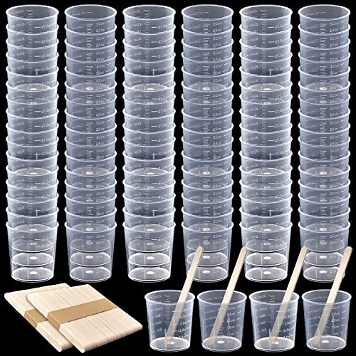 100 Pack 30ml/1oz Transparent Measuring Cups Reusable Clear Plastic Graduated Epoxy Mixing Cups with 100 Pack Wooden Stirring Sticks for Liquids Resin, Epoxy, Stain, Mixing Paint, School Labs - size: 30ml