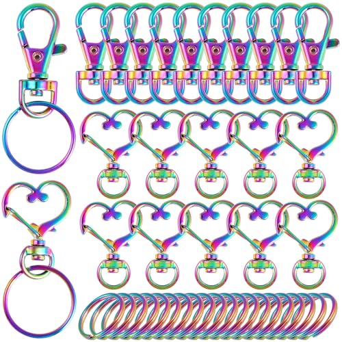 40 PCS Rainbow Swivel Clasps with Split Key Rings-Heart Snap Hook - color: Rainbow Clasps Keychain -20sets