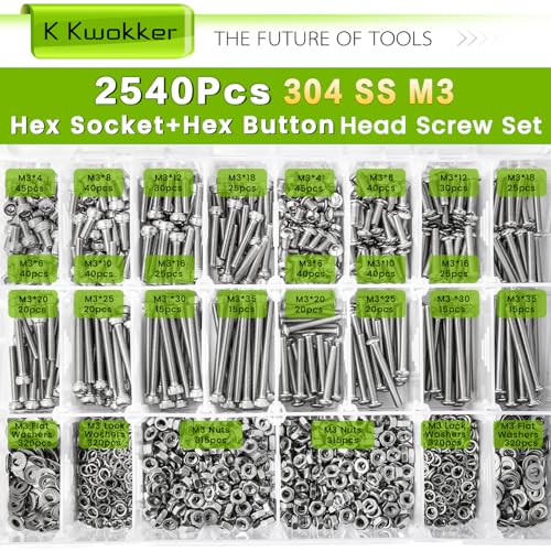 2540Pcs M3 Screws 4MM to 35MM, Socket Head & Button Head Screws, 304 Stainless Steel Assorted Nuts and Bolts Assortment Kit M3 Screw Kit with Nuts, Washer and Lock Washers - size: F. M3