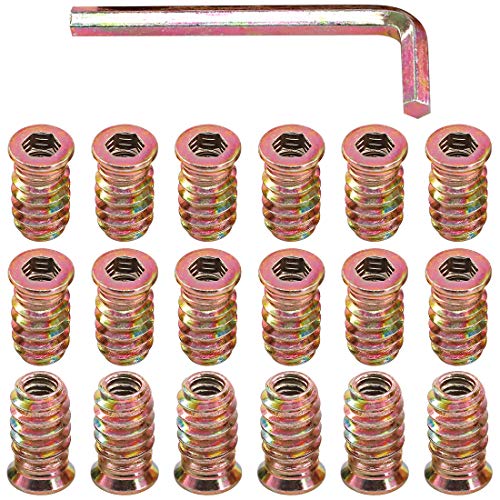 Glarks 50Pcs 1/4"-20x20mm Threaded Inserts Nuts Zinc Plated Carbon Steel Hex Socket Drive Furniture Flanged Screw-in Nut with M6 Hex Wrench for Wood Furniture (1/4"-20 x 20mm) - size: 1/4"-20 x 20mm