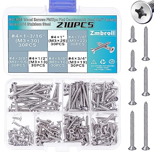 210Pcs Wood Screws #4 304 Stainless Steel M3 Phillips Flat Countersunk Head Self Tapping Screw Phillips Drive Wood Fastener Small Screws Sheet Metal Screw Assortment