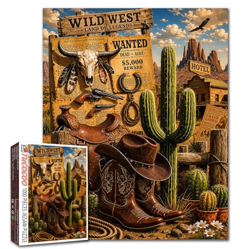 Wild West Jigsaw Puzzles 1000 Pieces for Adults, Family(Cowboy Boots，Wanted,Desert Cactus) Pieces Fit Together Perfectly 19.7''x27.6''inch Frameable American Rustic Western Puzzle Art - color: Boots 01