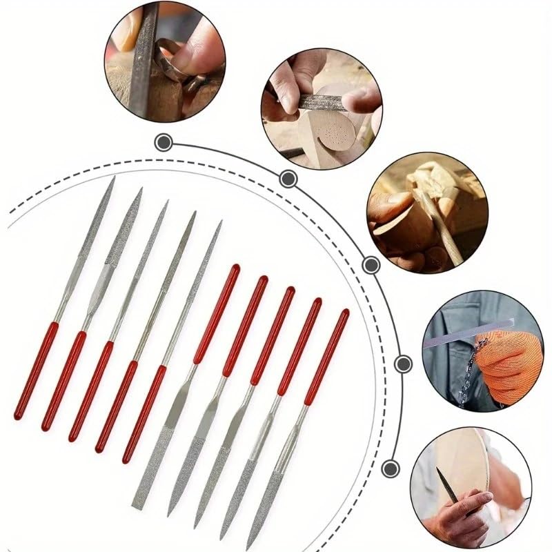 10-Piece Diamond Needle File Set 3x140mm Small Metal Riffler Files Jewelers File Precision Hand Tools for Glass Wood Stone Jewelry - Round Triangular Square Flat Shape