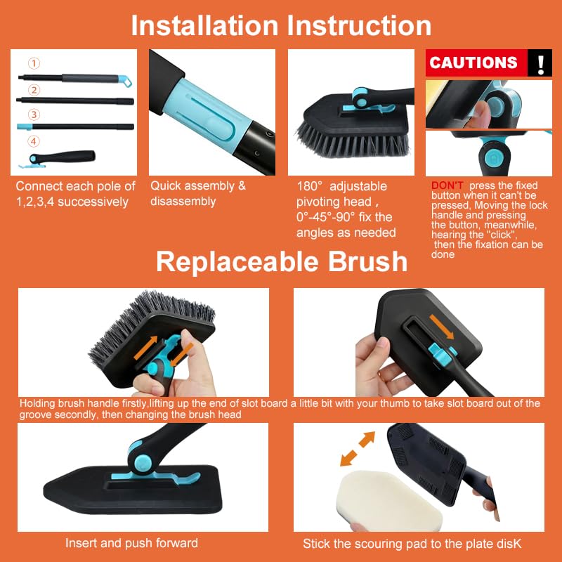 Long Handled Scrub Brush for Shower,3-in-1 Cleaning Brushes with 3 Different Function Cleaning Heads Brush for Shower Cleaning Bathroom Kitchen Walls Tub Tile (Black) - color: Black