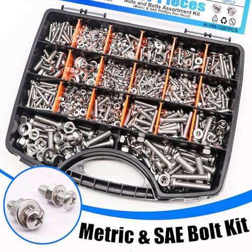1287Pcs Nuts and Bolts Assortment Kit, 304 Stainless Steel Bolts Machine Screws Hardware Assortment Kit, Metric & SAE Phillips Pan Head Screws, Assorted Bolts, Nuts and Washers Kit - size: 1287PCS