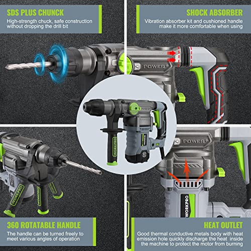 WORKPRO 1-1/4 Inch SDS-Plus Rotary Hammer Drill, 12.5AMP, Heavy Duty Corded Version for Concrete Demolition Chipping Rotomartillo, 5 SDS-Plus Bits - style: 12.5AMP