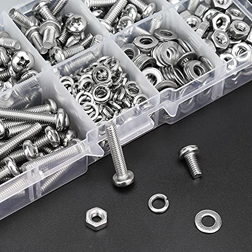 HELIFOUNER 360 Pieces M4 x 6mm /8mm /10mm /12mm /16mm /20mm, Phillips Pan Head Machine Screws, Metric Screws Bolts Washers Nuts Kit, 304 Stainless Steel - size: M4