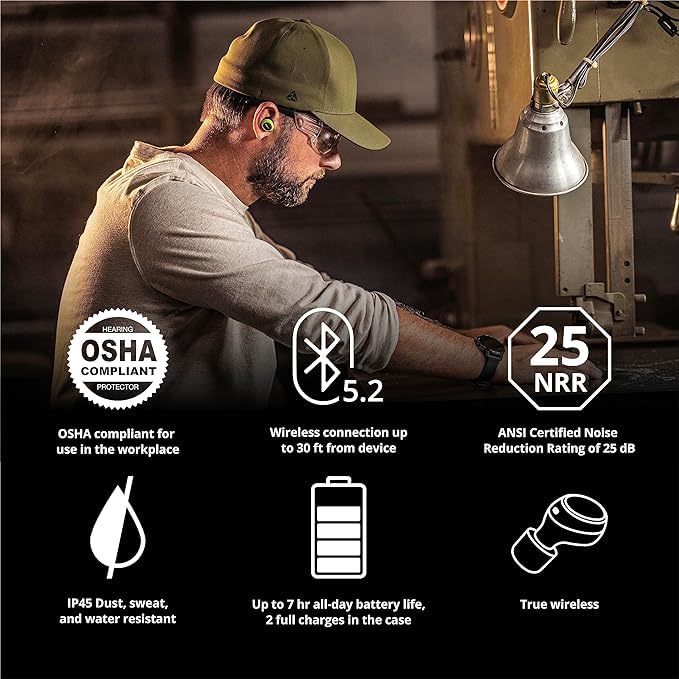 ISOtunes Free 2.0 Bluetooth Hearing Protection, OSHA Compliant Work Earbuds - color: Safety Green