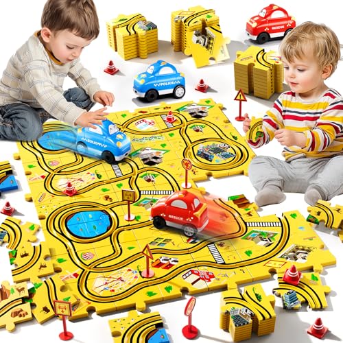 Beby Buty 48PCS Puzzle City Racer Car Track Set Toys for Kids, Toys Gifts for 3 4 5 Year Old Boys, Puzzle Racer Kids Car Track Set Ages 3-5 4-6, 3 4 5 Year Old Boys - style: 48 PCS City Theme