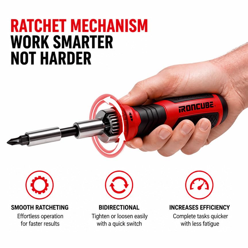 IRONCUBE Multi Ratcheting Screwdriver Set: 56 IN 1 Magnetic Bits & Sockets with Case for Emergency Use At Home - color: Red