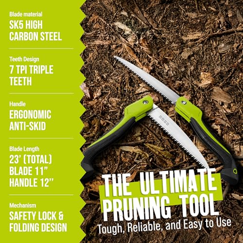 Folding Camping saw 11 Inch - Heavy Duty Pruning Saw with Triple-Cut SK5 Blade, 7 TPI Razor Teeth for Tree Trimming, Wood Cutting, Camping, Bushcraft, and Gardening - size: 11 INCH (Lime Green)