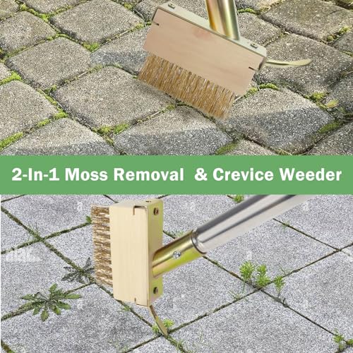 Crack Weeder, Moss Remover Tool, Manual Crevice Weeding Tool, Weed Puller Grout Brush with 66-inch Long Handle for Deck, Paver, Patio, Walkway, Driveway - 2 Weed Brush Heads 07