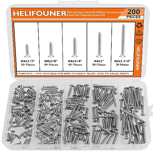 #4 x 1/2" 5/8" 3/4" 1" 1-1/4" Wood Screws Set, HELIFOUNER 200 Pieces Phillips Countersunk Head Self-Tapping Screws Assortment Kit, Phillips Flat Head Wood Screws, 304 Stainless Steel - size: #4
