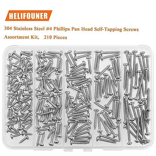 #4 x 3/8" 1/2" 5/8" 3/4" 1" Wood Screws Set, HELIFOUNER 210 Pieces Phillips Pan Head Self-Tapping Screws Assortment Kit, Phillips Pan Head Wood Screws, 304 Stainless Steel - size: #4