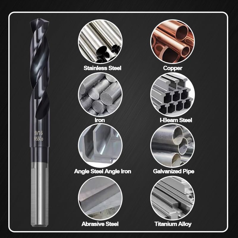9/16 Drill Bit for Metal and Hardened Steel, M35 Cobalt 1/2 Inch Reduced Shank Industrial Grade Heavy Duty Drill Bit, with Index Storage Case - size: 9/16 in