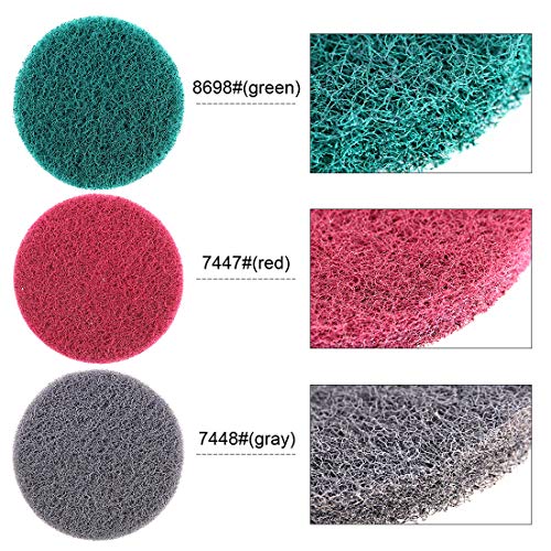 Swpeet 16Pcs 4Inch 3 Different Color Scrubbing Pads Drill Powered Brush Tile Scrubber Scouring Pads Cleaning Kit, Abrasive Buffing Pads Replacement with 1 Pcs Hook Attachment for House Cleaning