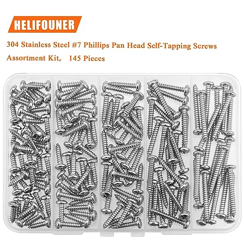 #7 x 1/2" 5/8" 3/4" 1" 1-1/4" Wood Screws Set, HELIFOUNER 145 Pieces Phillips Pan Head Self-Tapping Screws Assortment Kit, Phillips Pan Head Wood Screws, 304 Stainless Steel - size: #7