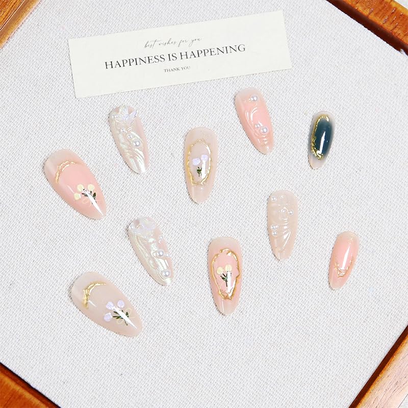 3D Press on Nails Almond - Medium French Tip Fake Nails with Embossed White Bead Designs, Glossy Finish Reusable False Nails with Glue Tabs - 24Pcs Nail Kit for Women Manicure(3D Embossed design 11) - color: 3D Embossed design 11