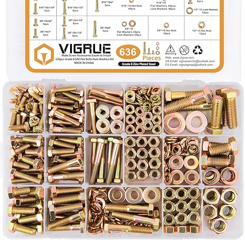 VIGRUE 636PCS Grade 8 Bolt Assortment Kit, 1/4-20, 5/16-18, 3/8-16, 1/2-13 Heavy Duty SAE Bolts and Nuts Washers Kit - size: 636PCS SAE 1/4-20, 5/16-18, 3/8-16, 1/2-13