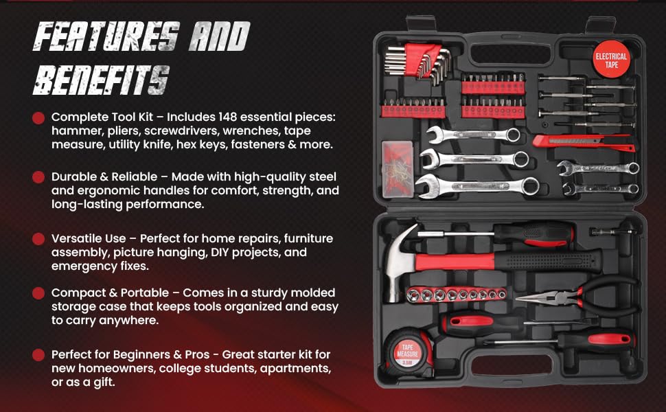 148-Piece Household Tool Kit with Sturdy Case – Carbon Steel Hand Tool Set for Home Repair, Apartment & Garage – DIY Toolbox for Men, Women & Beginners