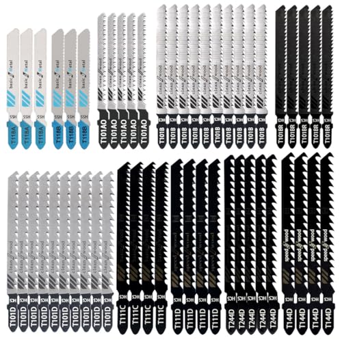 52Pack T-Shank Jigsaw Blades, Jig Saw Blades Set Made with High Speed Carbon Steel, HCS/HSS Jig Saw Blades for Wood, Plastic and Metal Cutting