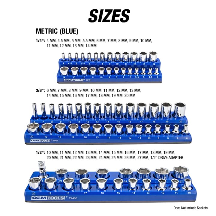 OEMTOOLS 22461 6-Pc Metric & SAE Magnetic Socket Tray Set Holds 143 Sockets | Magnetic Socket Organizer Tray, Non-Marring Rubberized Base, Clearly Marked Sizes, 1/4, 3/8, 1/2 Inch Sockets - style: Green and Blue