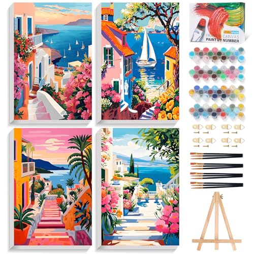 4 Pack Paint by Numbers Kit for Adults with Frame, Seaside Town Landscape - color: OP4FUS2506-05