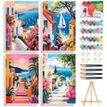 4 Pack Paint by Numbers Kit for Adults with Frame, Seaside Town Landscape - color: OP4FUS2506-05