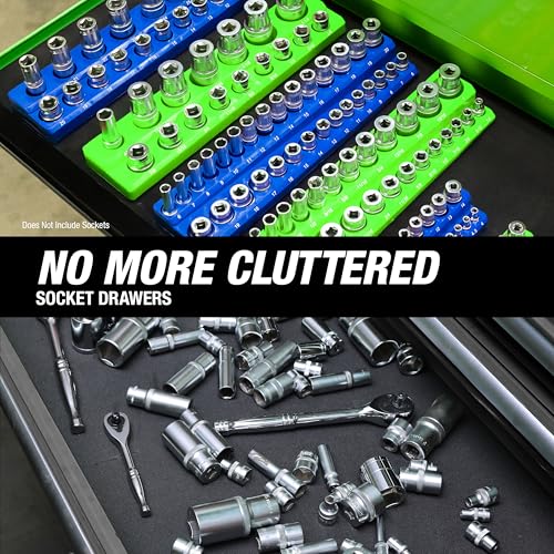 OEMTOOLS 22461 6-Pc Metric & SAE Magnetic Socket Tray Set Holds 143 Sockets | Magnetic Socket Organizer Tray, Non-Marring Rubberized Base, Clearly Marked Sizes, 1/4, 3/8, 1/2 Inch Sockets - style: Green and Blue