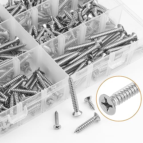 325 Pieces #6#8#10 Wood Screws Set, HELIFOUNER 8 Sizes Phillips Countersunk Head Self-Tapping Screws Assortment Kit, Phillips Flat Head Wood Screws, 304 Stainless Steel - size: #6#8#10