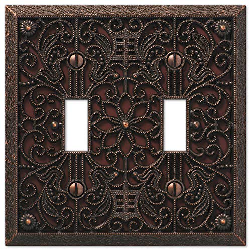 Amerelle 65TTDB Filigree Wallplate, 2 Toggle, Cast Metal, Aged Bronze, 1-Pack