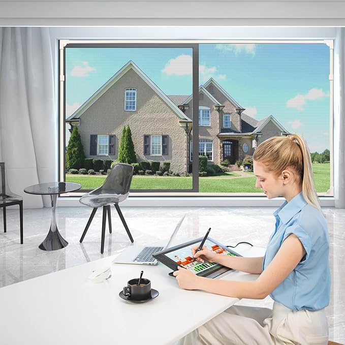 Magnetic Window Screen, Max 59 x 51 Inch DIY Cut-to-Fit Fiberglass Mesh Replacement Kit for House Windows, Strong Magnetic Seal, No-Drill Installation, White Frame with Gray Mesh - size: 59"x51"(150x130cm)