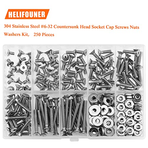 HELIFOUNER 250 Pieces #6-32 x 1/4" 5/16" 3/8" 1/2" 5/8" 3/4" 1" 1-1/4", Countersunk Head Socket Cap Screws Bolts Washers Nuts Kit, Coarse Thread, Fully Machine Threaded, 304 Stainless Steel - size: #6-32, style: Countersunk Head
