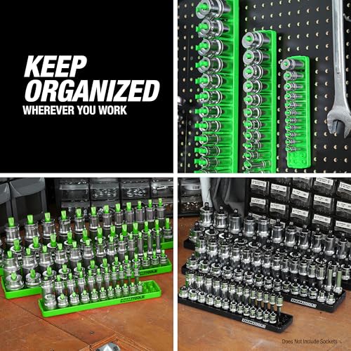 OEMTOOLS 22210 1/2" Metric Socket Organizer, 1/2 Socket Holder for Deep and Shallow Sockets, Labeled Posts, Dual Rail, Holds 10 mm to 27 mm - size: 1/2"