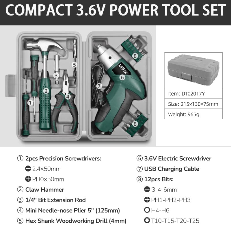 20-Piece Green 3.6V Electric Household Hardware Tool Set - Compact USB Rechargeable Low-Power Screwdriver, Pliers, Claw Hammer, Screwdriver Bits