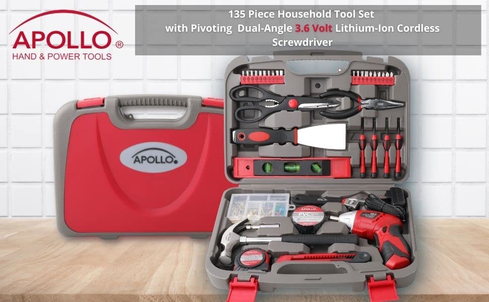 Apollo Tools 135 Piece Household Tool Set, Red DT0773 - color: Red, size: 135-Piece