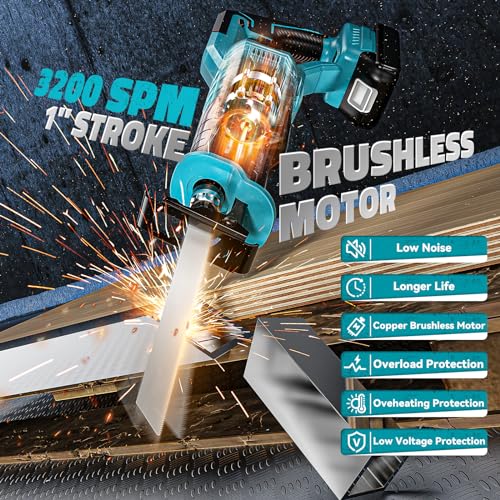Cerycose Cordless Reciprocating Saw Compatible with Makita 18V Battery, Variable Speed 1" Stroke Length,3200 SPM, Toolless Blade Change, 4 Saw Blades for Metal Wood PVC Cutting (Tool Only) - style: Two-handed for Makita battery