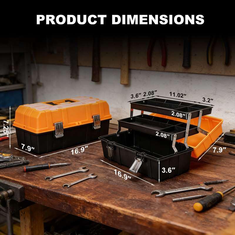 Jack Boss 17 Inch 3-Tier Portable Plastic Tool Box – Multi-Function Organizer, Black/Orange - size: 17Inch