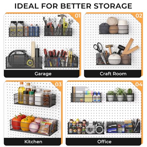 INCLY 4 Pack Upgrade Pegboard Baskets, 4 Sizes Square Metal Mesh Basket - color: Black