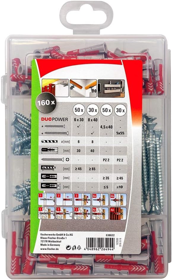 fischer PROFIBox DuoPower Assortment Box with 6x30 and 8x40 Universal Wall Anchors and PZ Screws for Concrete, Hollow Materials and Drywall - 80 Anchors & 80 Screws
