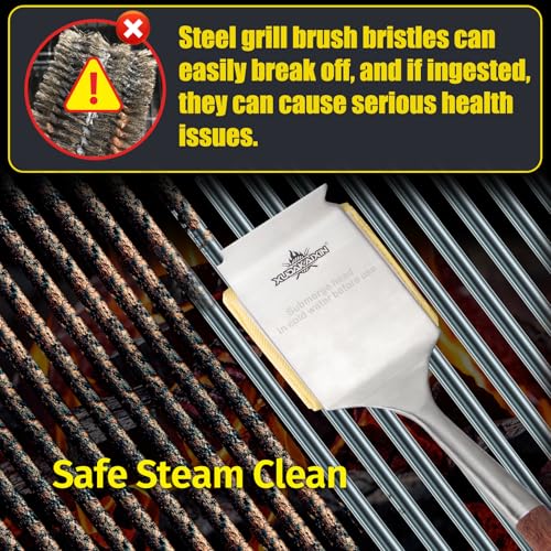 Bristle-Free Steam Cleaning Grill Brush — Features an Extended Luxurious Rosewood Handle and a Unique Wavy pad that Seamlessly fits cast Iron and Stainless Steel grates - color: Aramid Fiber Steam Grill Brush