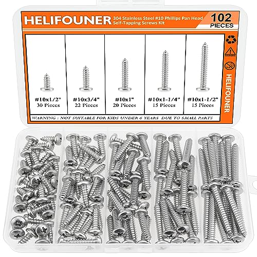#10 x 1/2" 3/4" 1" 1-1/4" 1-1/2" Wood Screws Set, HELIFOUNER 102 Pieces Phillips Pan Head Self-Tapping Screws Assortment Kit, Phillips Pan Head Wood Screws, 304 Stainless Steel - size: #10