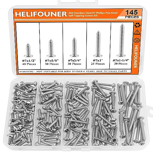 #7 x 1/2" 5/8" 3/4" 1" 1-1/4" Wood Screws Set, HELIFOUNER 145 Pieces Phillips Pan Head Self-Tapping Screws Assortment Kit, Phillips Pan Head Wood Screws, 304 Stainless Steel - size: #7