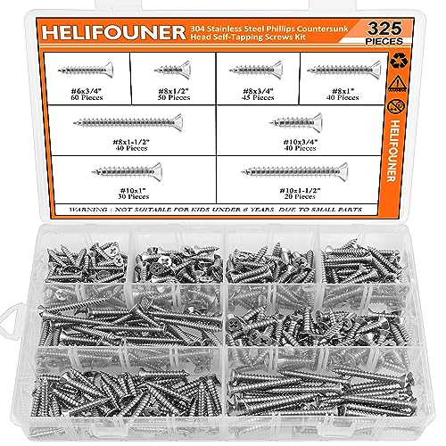 325 Pieces #6#8#10 Wood Screws Set, HELIFOUNER 8 Sizes Phillips Countersunk Head Self-Tapping Screws Assortment Kit, Phillips Flat Head Wood Screws, 304 Stainless Steel - size: #6#8#10