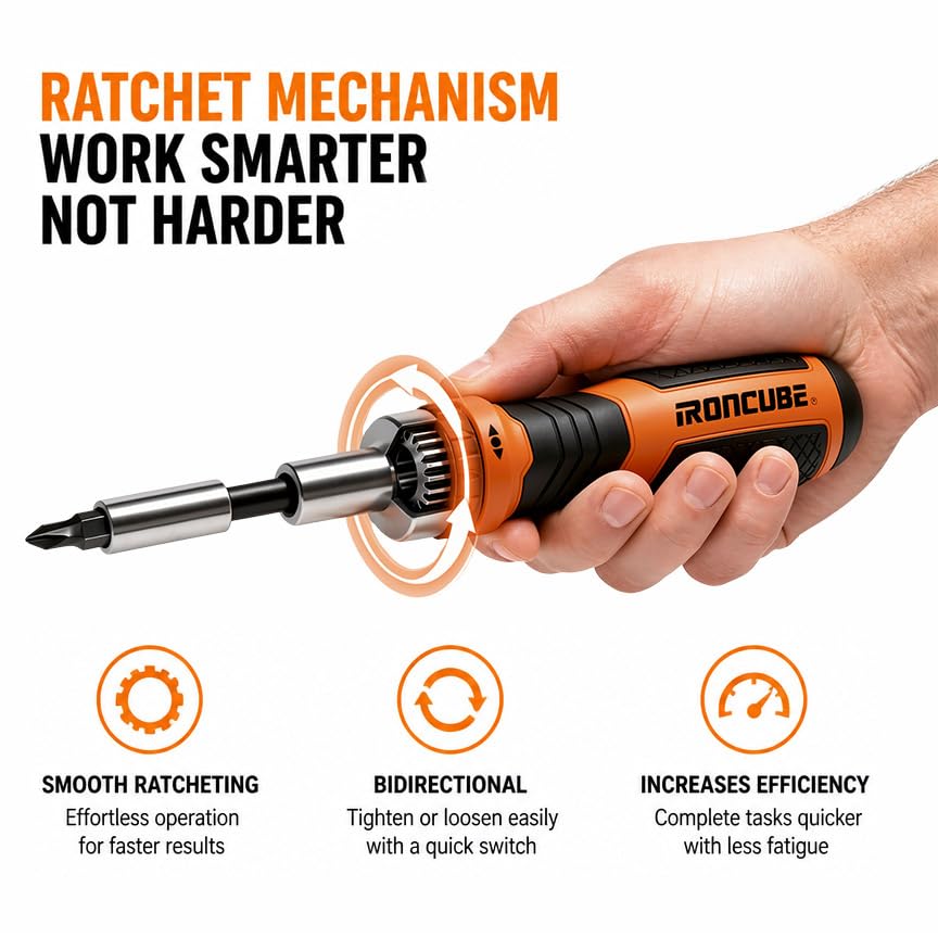 IRONCUBE Ratcheting Screwdriver Set: 56-Piece Magnetic Multi Bits Tool Kit with Case - color: Orange